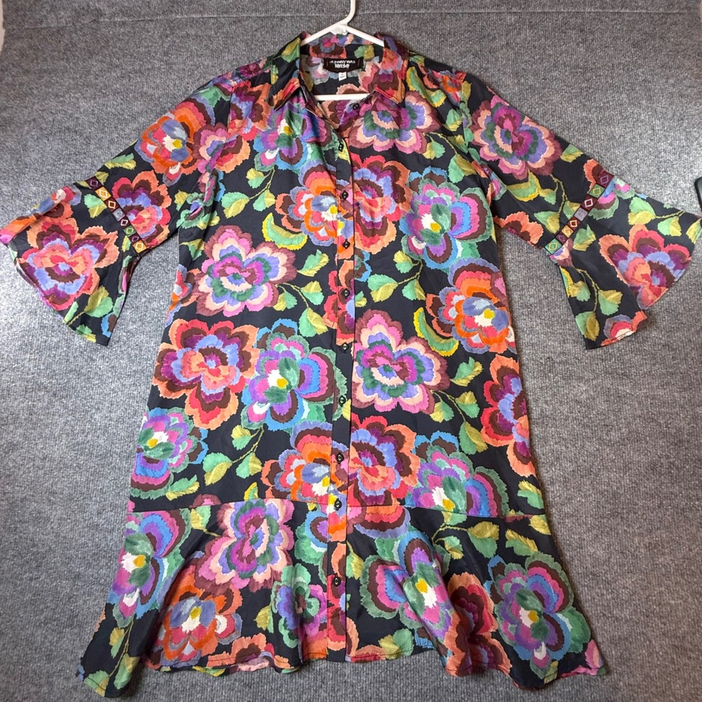Johnny Was Workshop Silk Floral Tunic Dress Black Multi Boho Bell Sleeve M